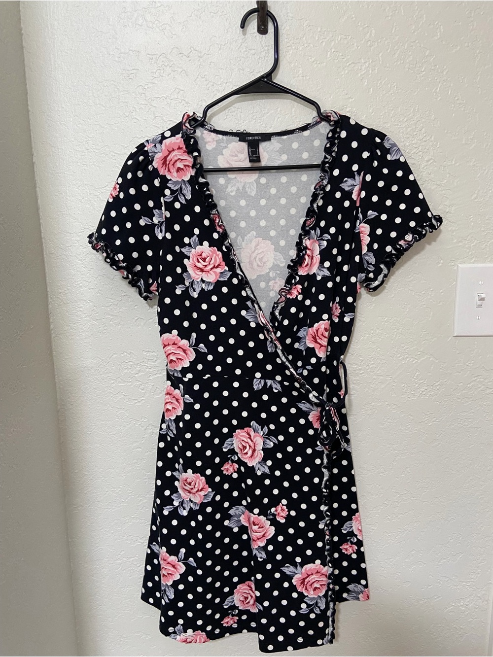Forever 21 Black Mini Wrap Dress with Pink Rose Floral & White Polka Dots